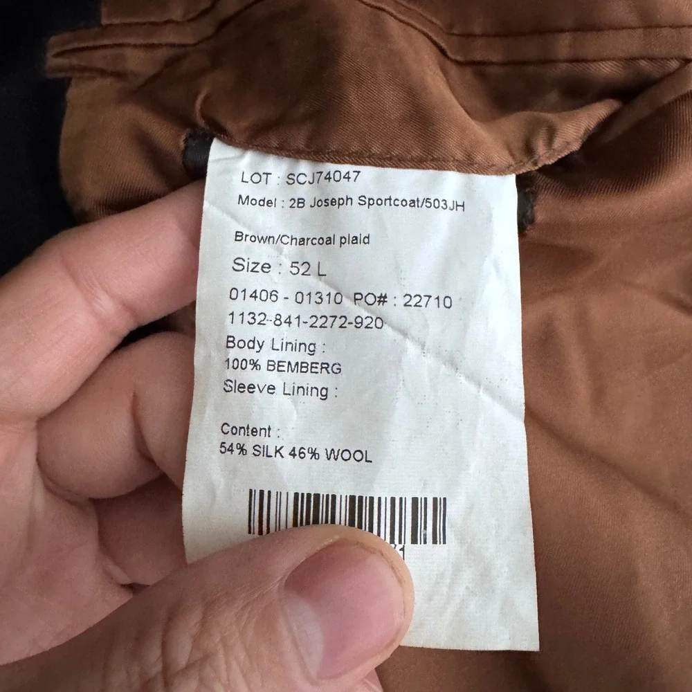 Jos. A. Bank Joseph Sport Coat Mens 52L Brown Charcoal‎ Plaid Silk Wool Blend